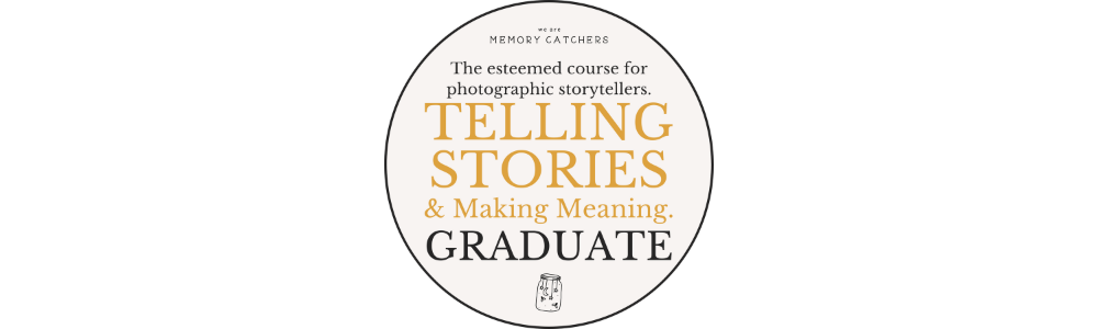 Circular logo for "memory catchers telling stories & making meaning" course featuring text and a book icon, designated for graduates.