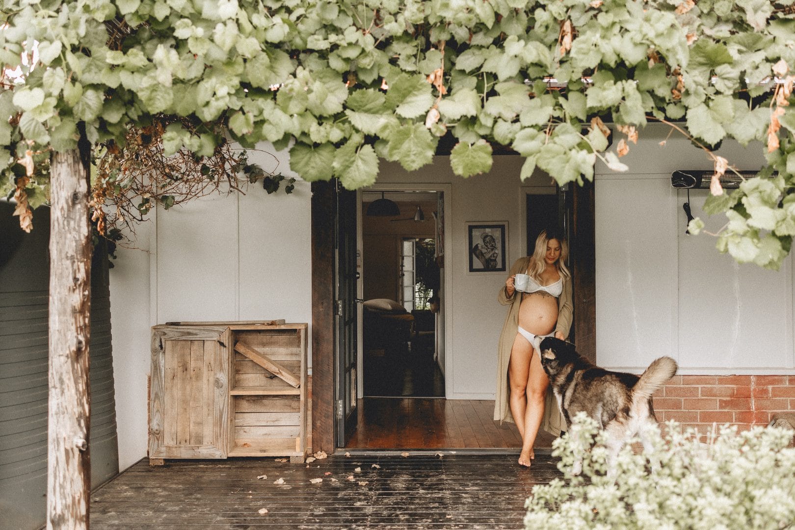 Pregnant woman in underwear petting a dog under a vine-covered pergola, with a rustic wooden crate beside the open door of a house.