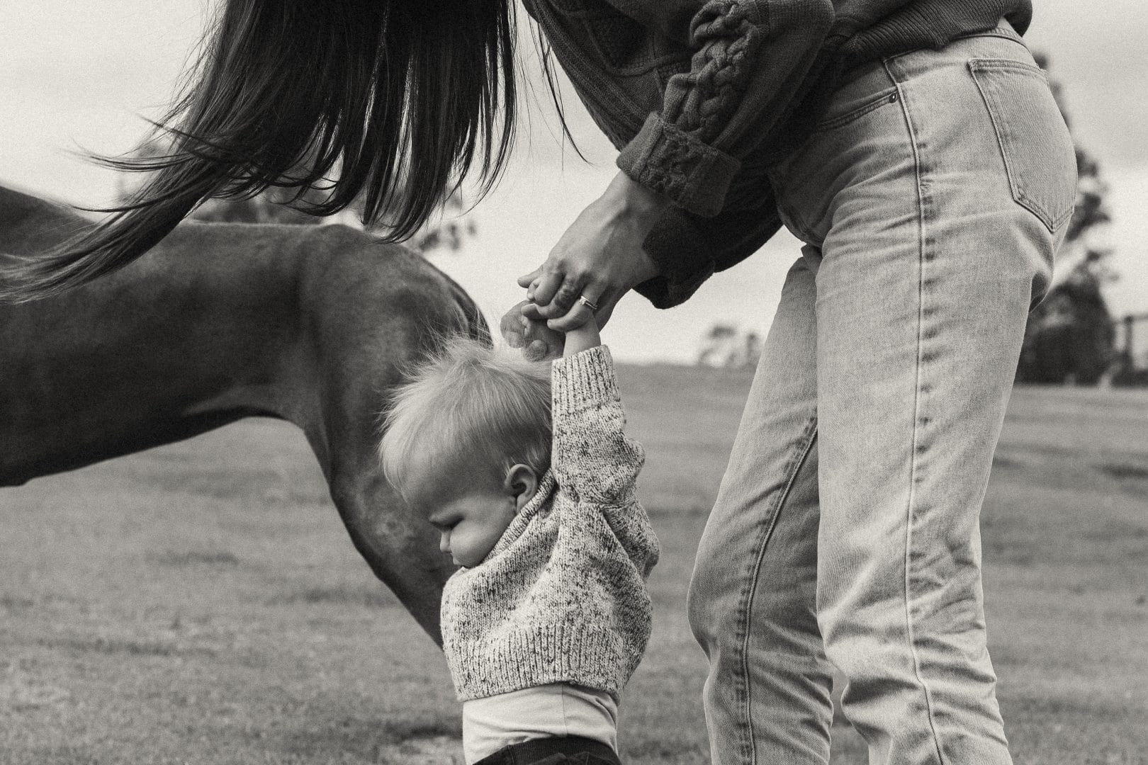 A toddler holding hands with two adults in a field, walking beside a horse.